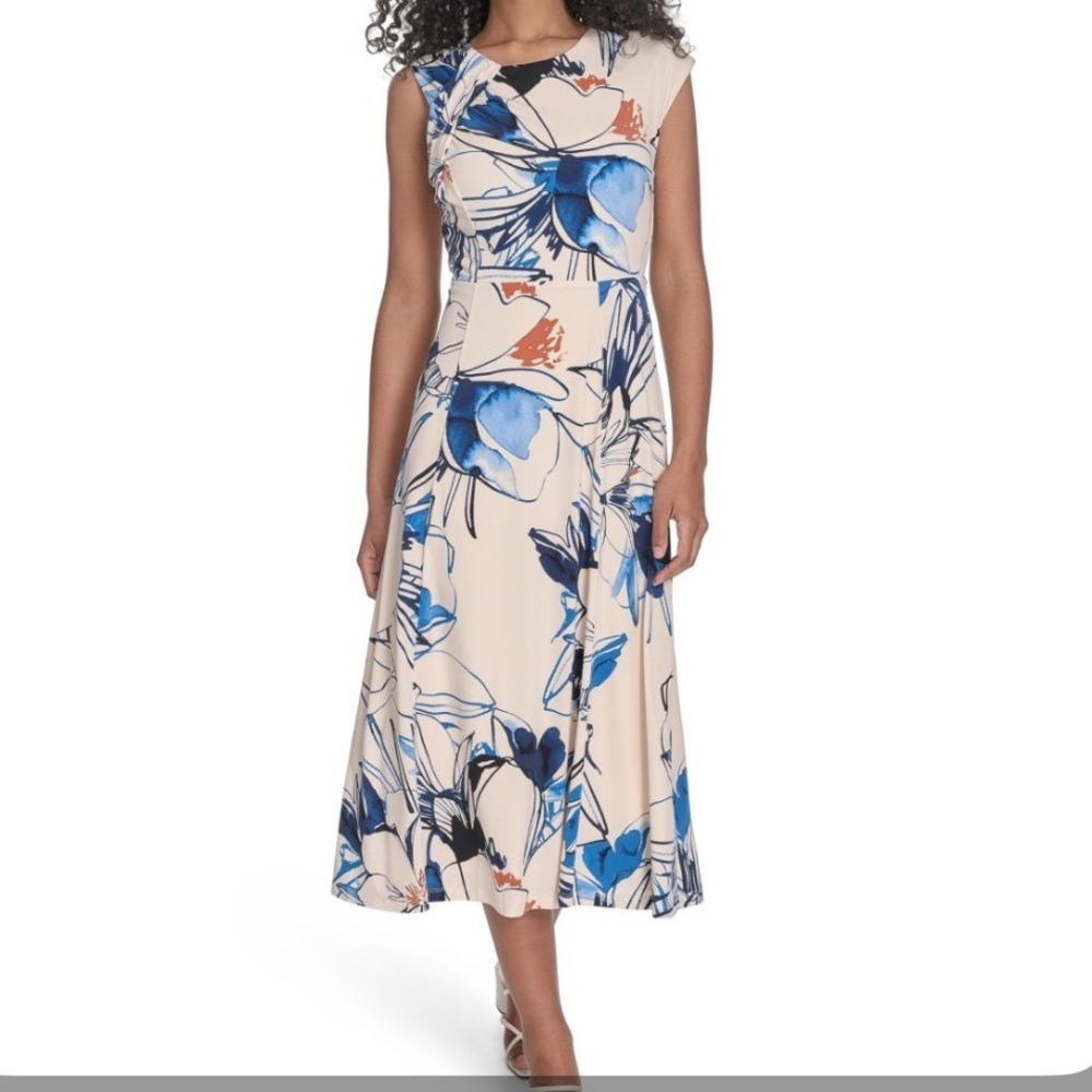 Calvin Klein Floral Midi Dress Womens 12 NWT Blue Tan Scuba Fit Flare MSRP $134